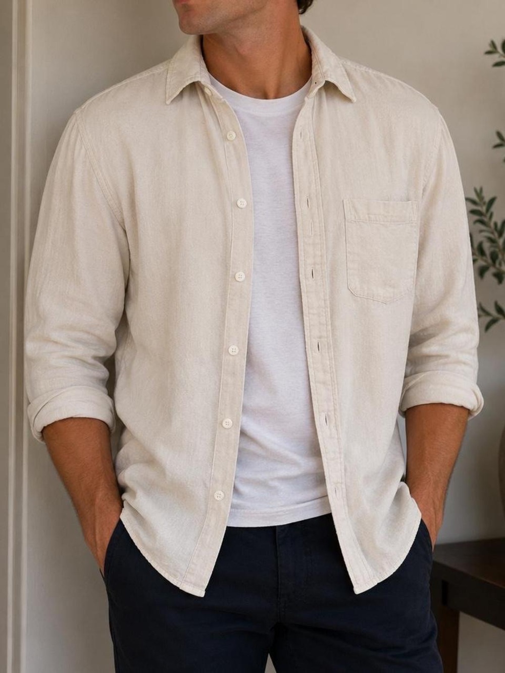 Banana Republic Cream Linen Slim Fit Button-Down Casual Shirt